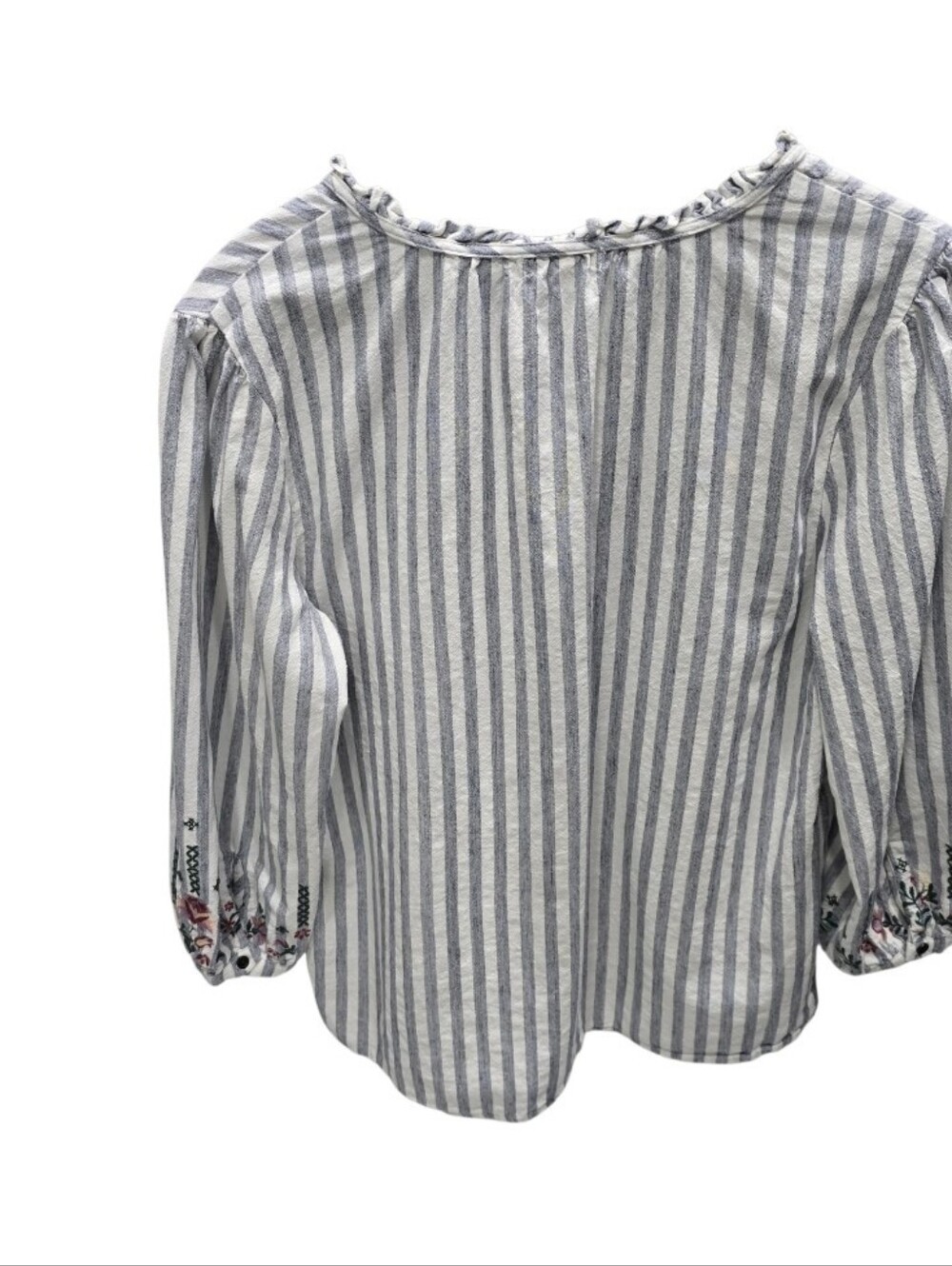 Striped Floral Embroidered Blouse Boho Peasant Cottagecore Coastal M - Picture 3 of 8